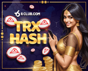 6Club TRX Hash game with Indian woman holding smartphone and TRX tokens.